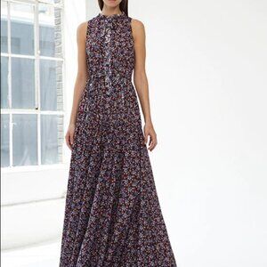 ML MONIQUE LHUILLIER Floral Print Maxi Sleeveless Dress 0 NWT Purple Multicolor